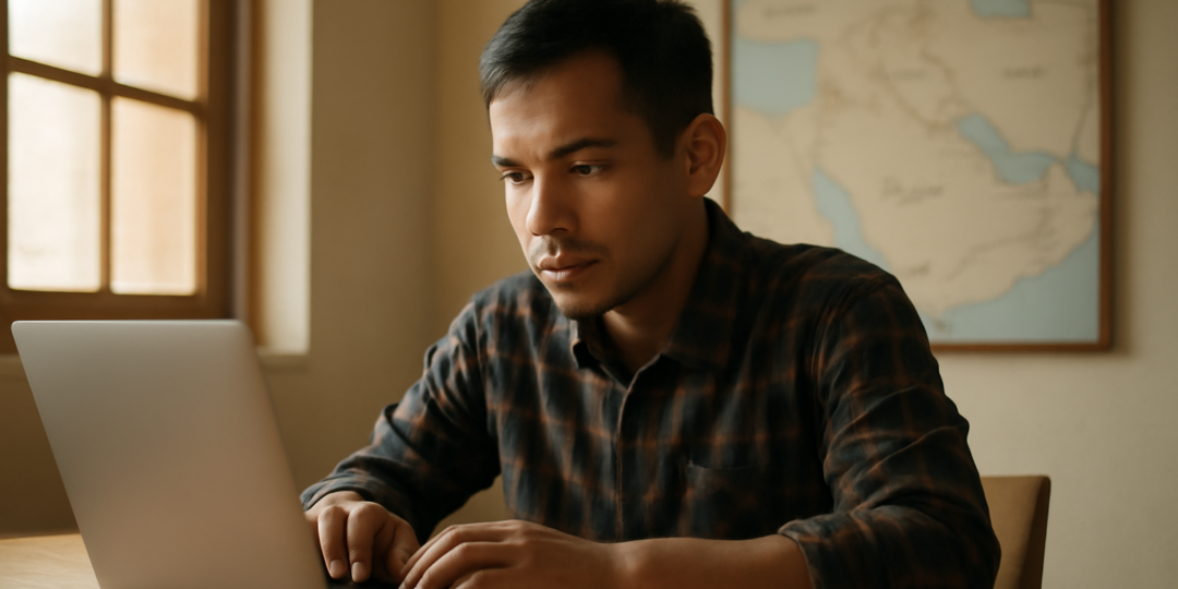 Seorang pemuda membaca berita Timur Tengah di laptop dengan peta di dinding