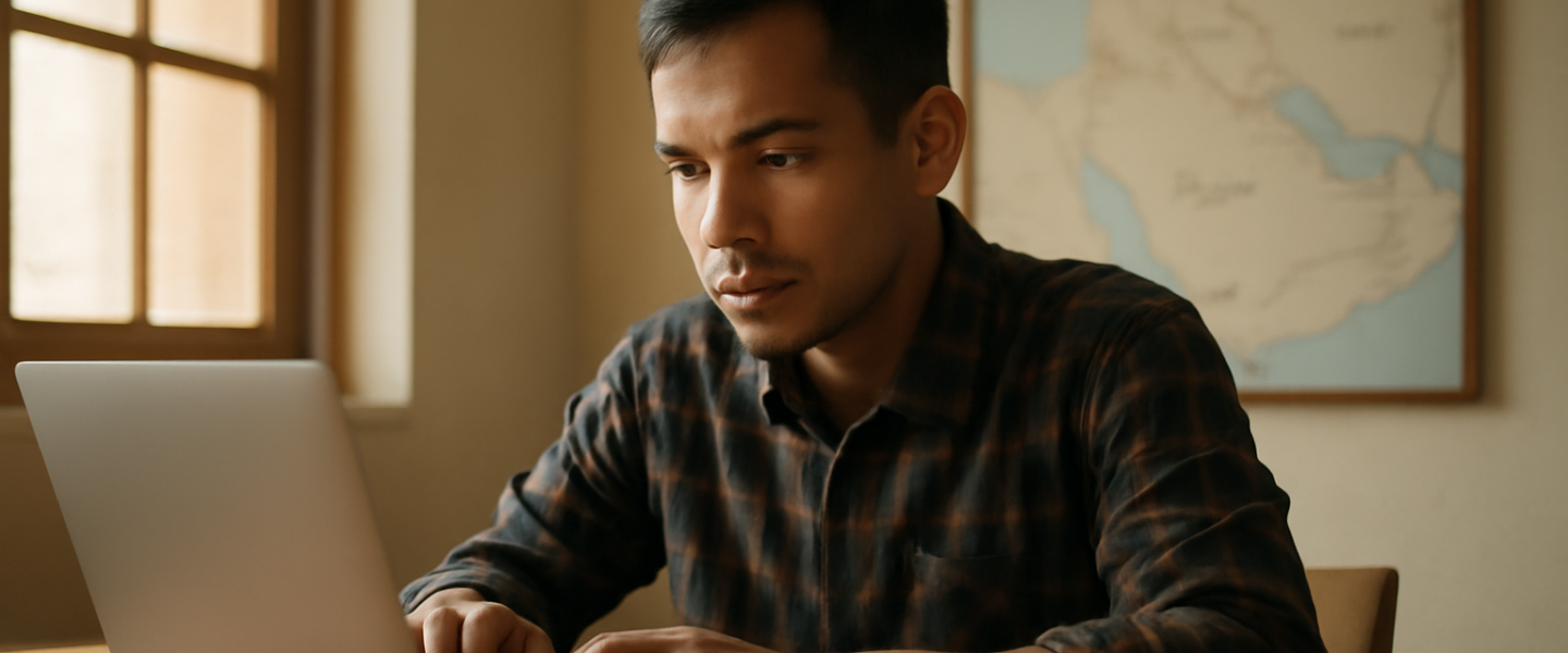 Seorang pemuda membaca berita Timur Tengah di laptop dengan peta di dinding