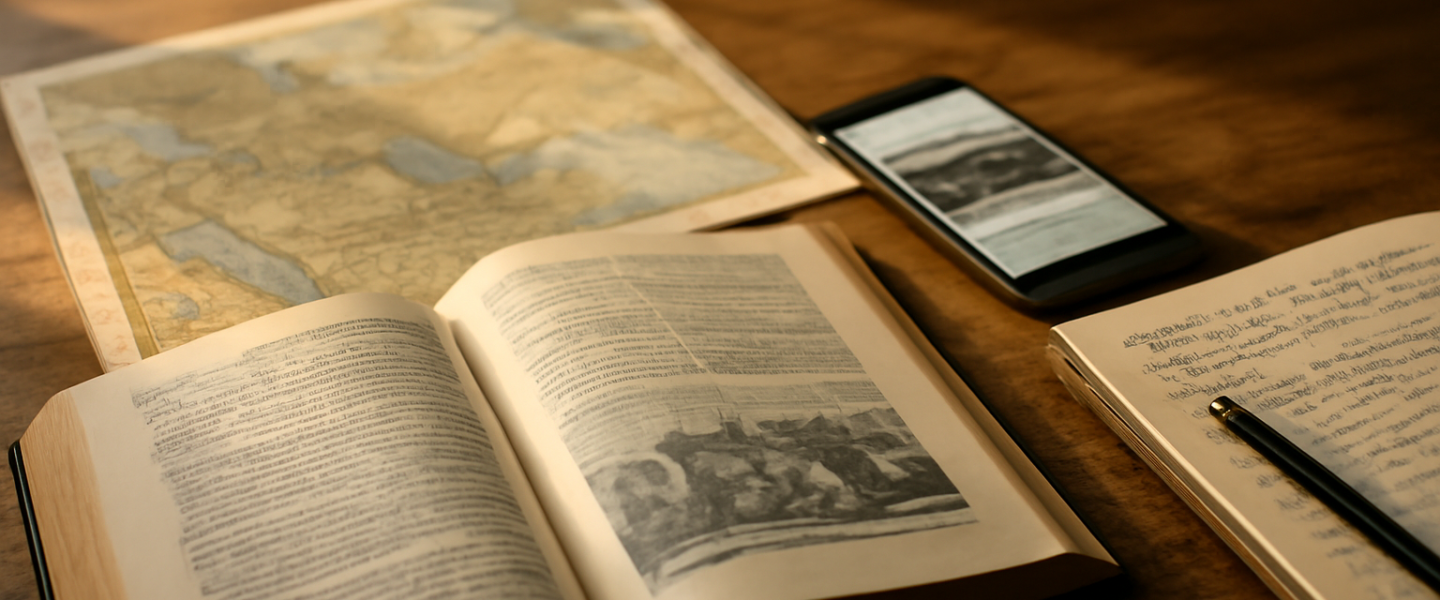 Meja belajar dengan buku sejarah, peta Timur Tengah, ponsel, dan catatan untuk memantau berita kawasan